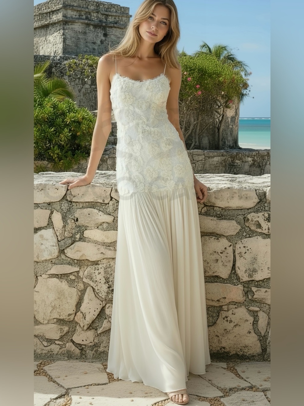 Elegant Floral Lace Embellished Pleated Skirt Cocktail Wedding Maxi Dress